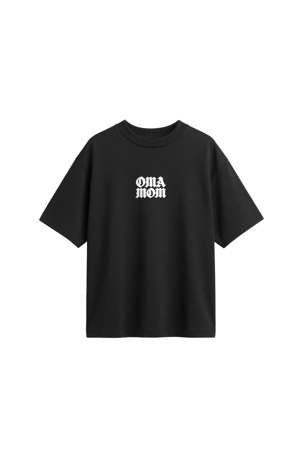 OMA Mom front · white print on off black
